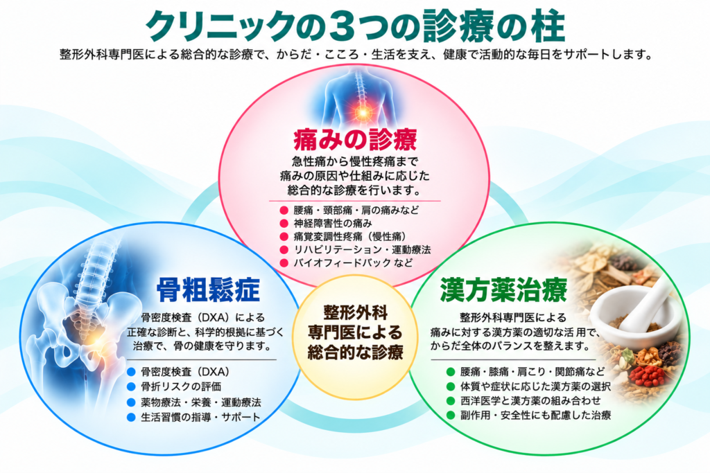 エメラルド整形外科疼痛クリニックの3つの診療の柱